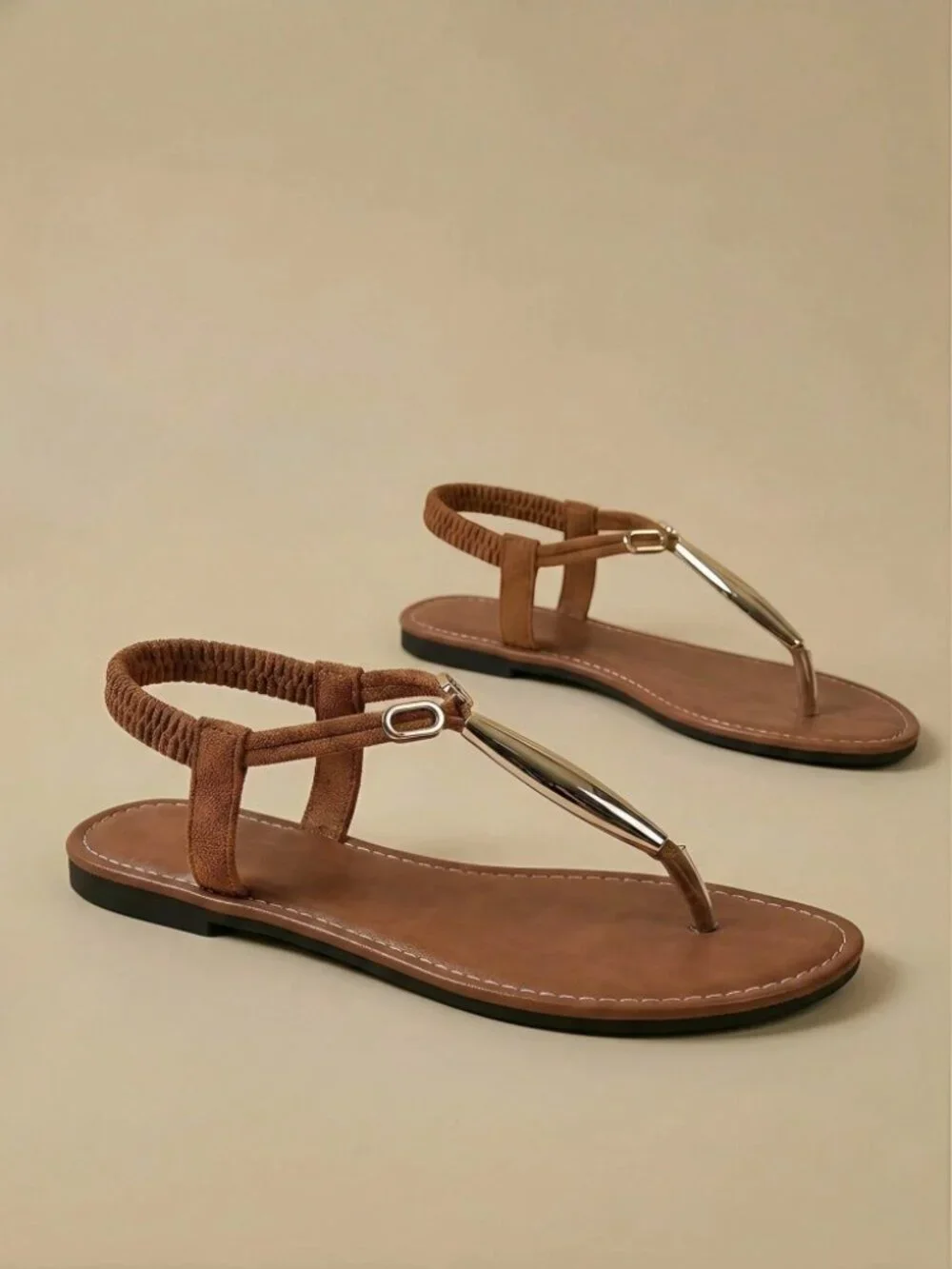 Cognac Brown T-Strap Flat Sandals with Gold Toe Bar
